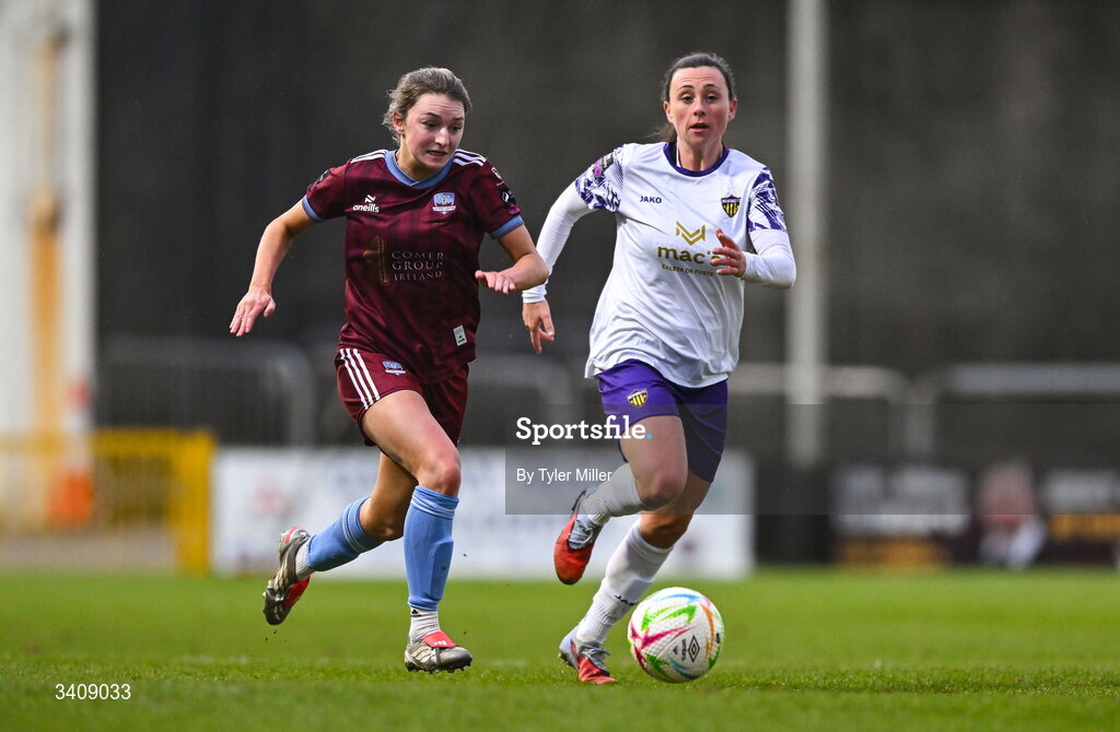 28 March 2026; Cara Griffin of Galway United in action against Megan Smyth-Lynch of Wexford during the SSE Airtricity Women's Premier Division match between Galway United and Wexford at Eamonn Deacy Park in Galway. Photo by Tyler Miller/Sportsfile