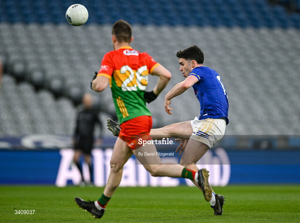 28 March 2026; Colm Hulton of Carlow scores the equalising point to send it to extra time during the Allianz Football League Division 4 final match between Carlow and Longford at Croke Park in Dublin. Photo by David Fitzgerald/Sportsfile