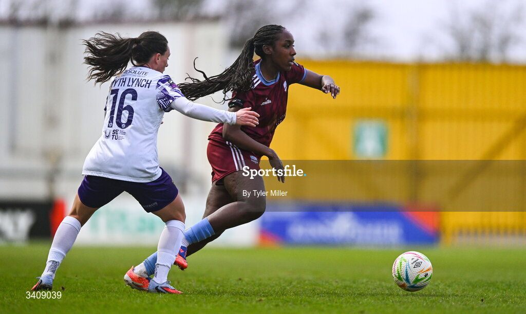 28 March 2026; Eve Dossen of Galway United in action against Megan Smyth-Lynch of Wexford during the SSE Airtricity Women's Premier Division match between Galway United and Wexford at Eamonn Deacy Park in Galway. Photo by Tyler Miller/Sportsfile