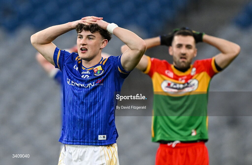 28 March 2026; James Moran of Longford reacts as the match ends for extra time during the Allianz Football League Division 4 final match between Carlow and Longford at Croke Park in Dublin. Photo by David Fitzgerald/Sportsfile