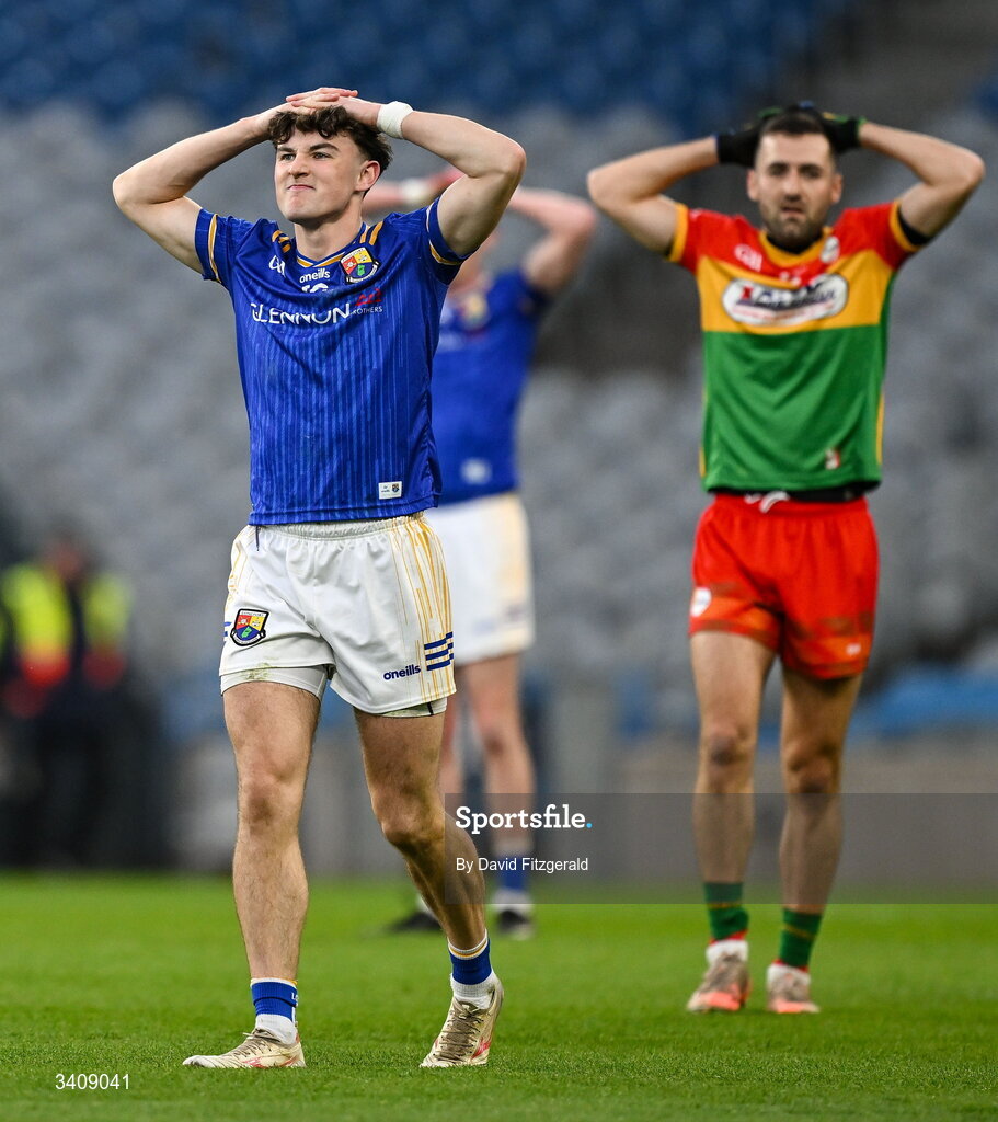 28 March 2026; James Moran of Longford reacts as the match ends for extra time during the Allianz Football League Division 4 final match between Carlow and Longford at Croke Park in Dublin. Photo by David Fitzgerald/Sportsfile