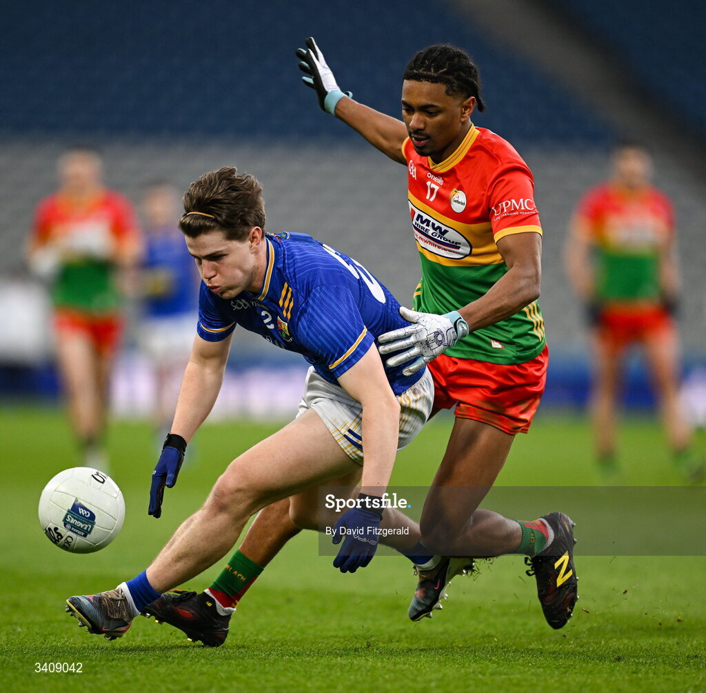 28 March 2026; Paddy Moran of Longford in action against John Phiri of Carlow during the Allianz Football League Division 4 final match between Carlow and Longford at Croke Park in Dublin. Photo by David Fitzgerald/Sportsfile
