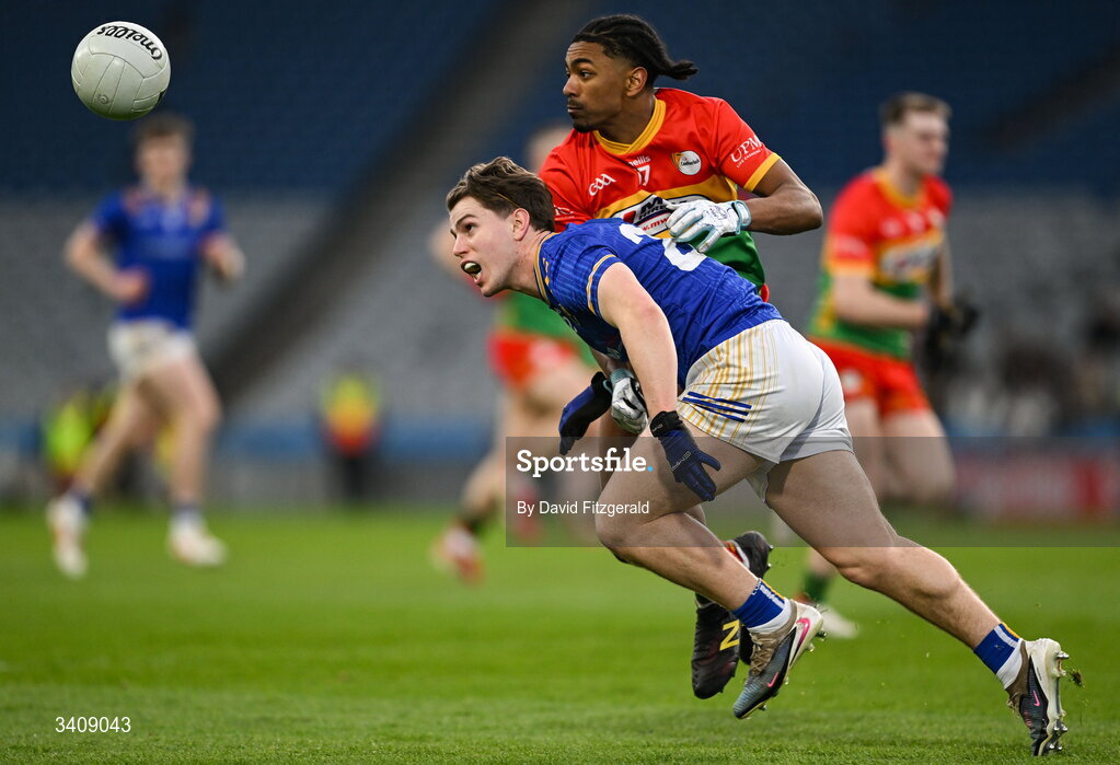 28 March 2026; Paddy Moran of Longford in action against John Phiri of Carlow during the Allianz Football League Division 4 final match between Carlow and Longford at Croke Park in Dublin. Photo by David Fitzgerald/Sportsfile