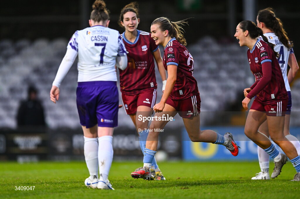 28 March 2026; Emma Doherty of Galway United, centre, celebrates after scoring her side's second goal during the SSE Airtricity Women's Premier Division match between Galway United and Wexford at Eamonn Deacy Park in Galway. Photo by Tyler Miller/Sportsfile