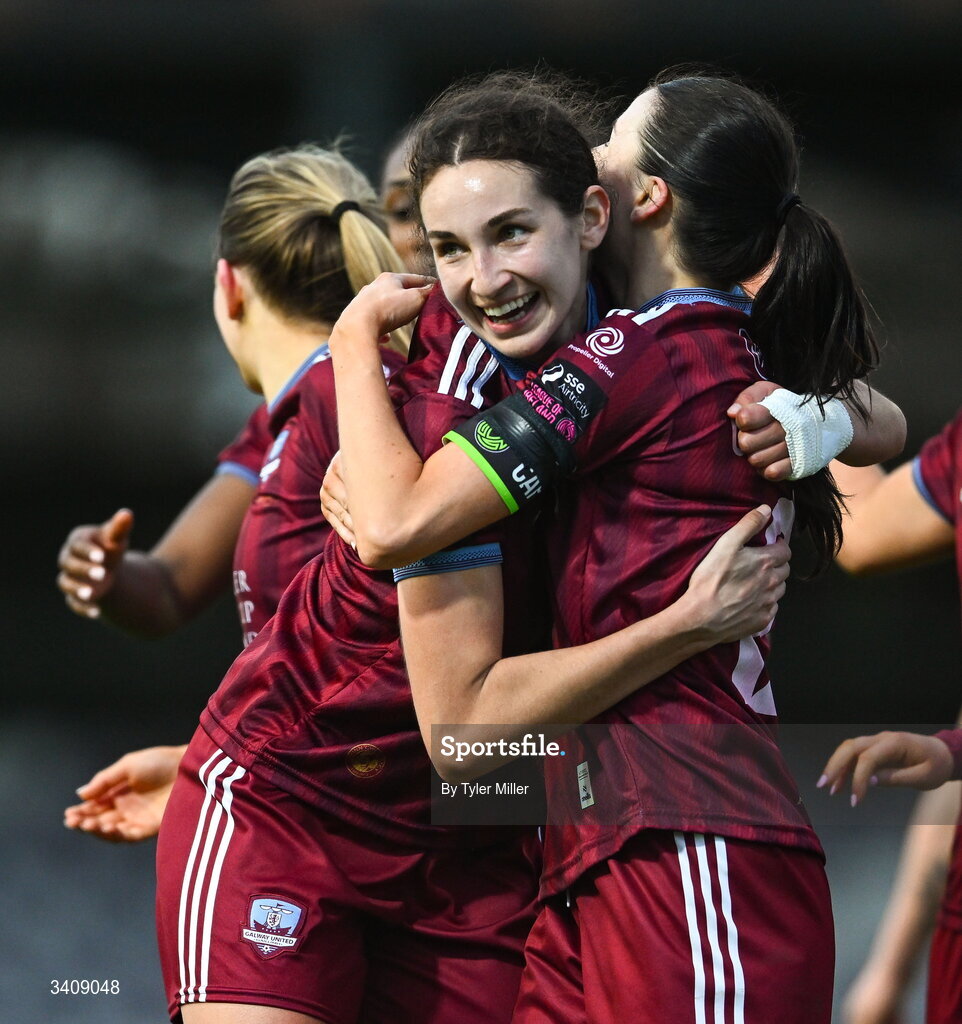 28 March 2026; Isabella Beletic, left, and Aoibheann Costello of Galway United celebrate after team-mate Emma Doherty, hidden, scores their side's second goal during the SSE Airtricity Women's Premier Division match between Galway United and Wexford at Eamonn Deacy Park in Galway. Photo by Tyler Miller/Sportsfile