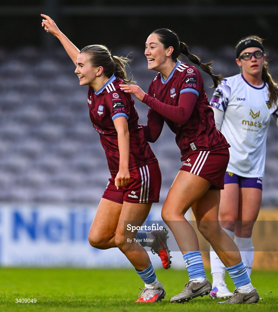 28 March 2026; Emma Doherty of Galway United, left, celebrates with team-mate Aoibhin Donnelly after scoring their side's second goal during the SSE Airtricity Women's Premier Division match between Galway United and Wexford at Eamonn Deacy Park in Galway. Photo by Tyler Miller/Sportsfile