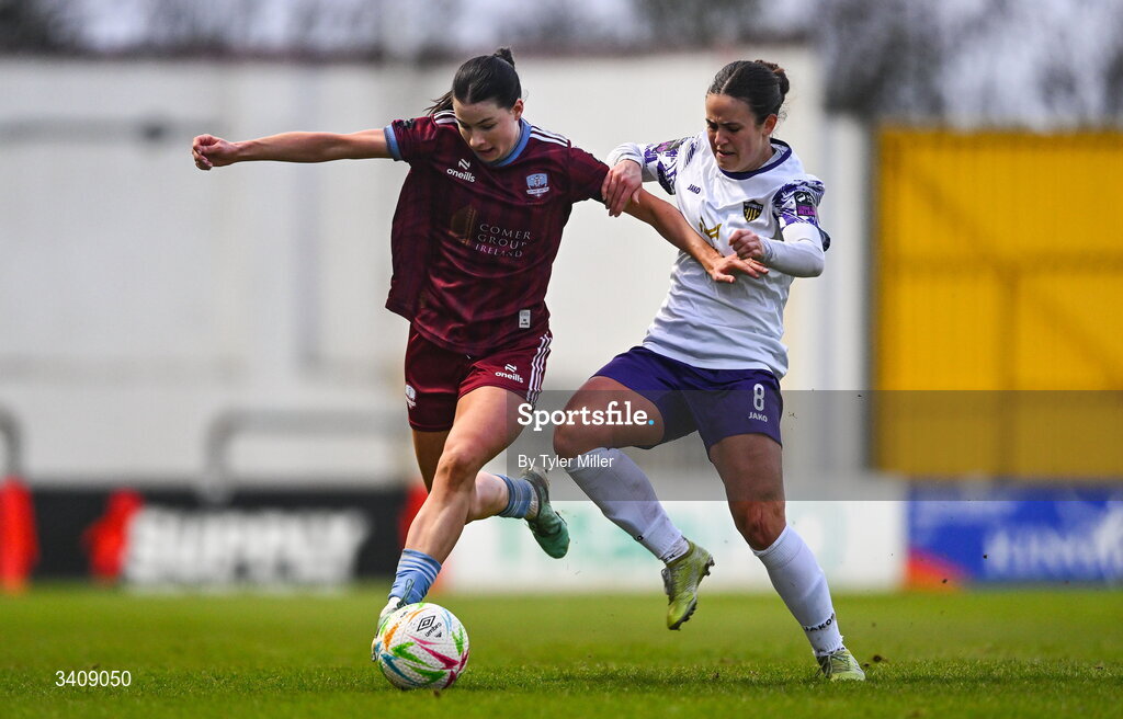 28 March 2026; Aoibheann Costello of Galway United in action against Kayla Goncalves of Wexford during the SSE Airtricity Women's Premier Division match between Galway United and Wexford at Eamonn Deacy Park in Galway. Photo by Tyler Miller/Sportsfile