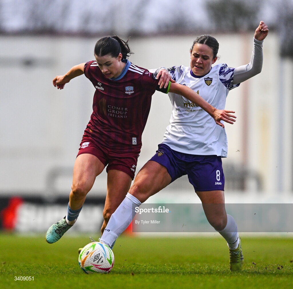 28 March 2026; Aoibheann Costello of Galway United in action against Kayla Goncalves of Wexford during the SSE Airtricity Women's Premier Division match between Galway United and Wexford at Eamonn Deacy Park in Galway. Photo by Tyler Miller/Sportsfile