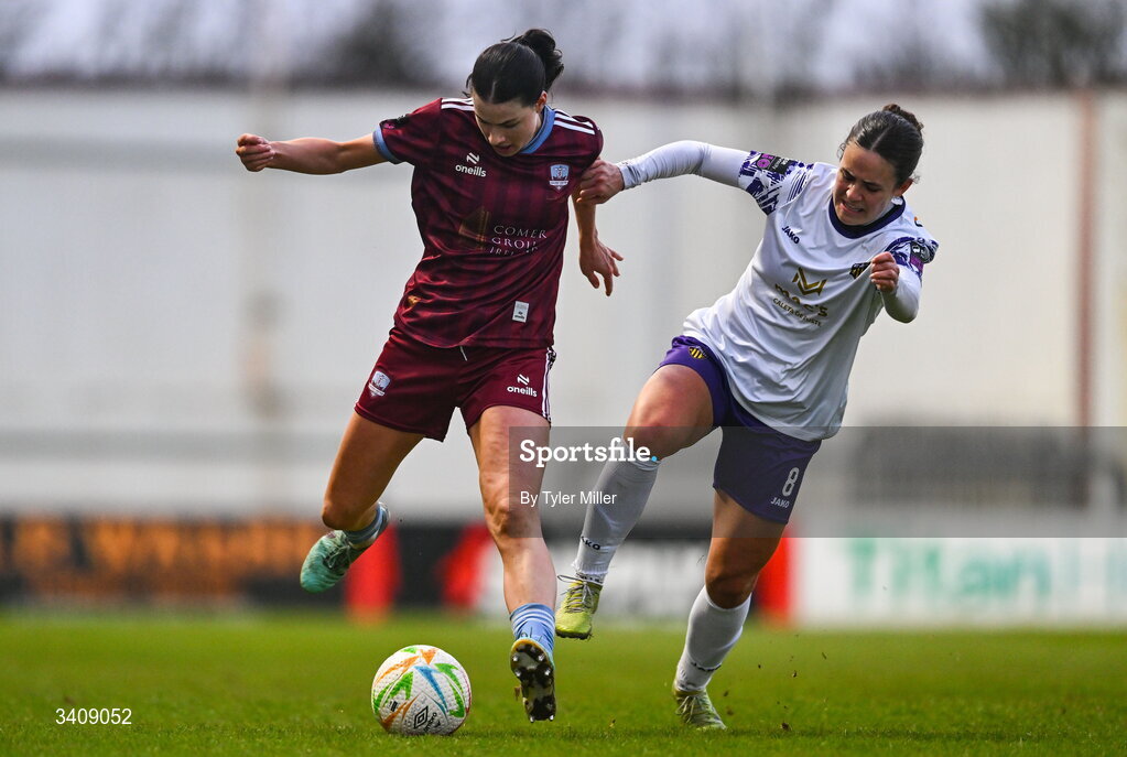 28 March 2026; Aoibheann Costello of Galway United in action against Kayla Goncalves of Wexford during the SSE Airtricity Women's Premier Division match between Galway United and Wexford at Eamonn Deacy Park in Galway. Photo by Tyler Miller/Sportsfile