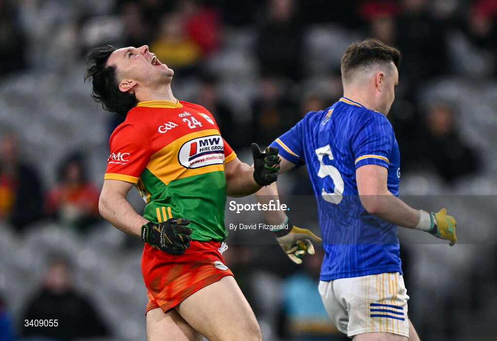 28 March 2026; Jamie Clarke of Carlow reacts to a missed opportunity during the Allianz Football League Division 4 final match between Carlow and Longford at Croke Park in Dublin. Photo by David Fitzgerald/Sportsfile