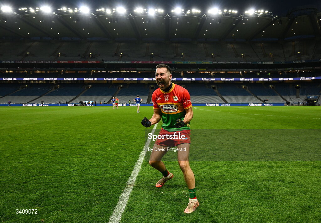 28 March 2026; Chris Blake of Carlow celebrates after the Allianz Football League Division 4 final match between Carlow and Longford at Croke Park in Dublin. Photo by David Fitzgerald/Sportsfile