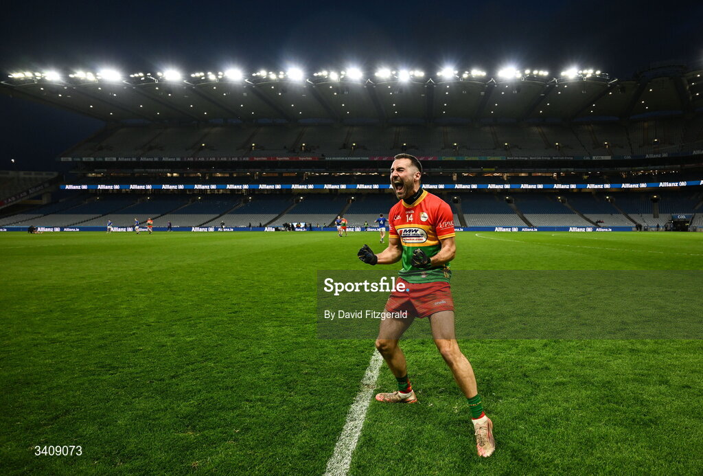 28 March 2026; Chris Blake of Carlow celebrates after the Allianz Football League Division 4 final match between Carlow and Longford at Croke Park in Dublin. Photo by David Fitzgerald/Sportsfile