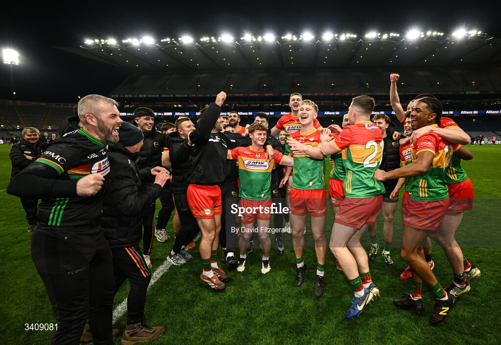 28 March 2026; Carlow players celebrate after the Allianz Football League Division 4 final match between Carlow and Longford at Croke Park in Dublin. Photo by David Fitzgerald/Sportsfile