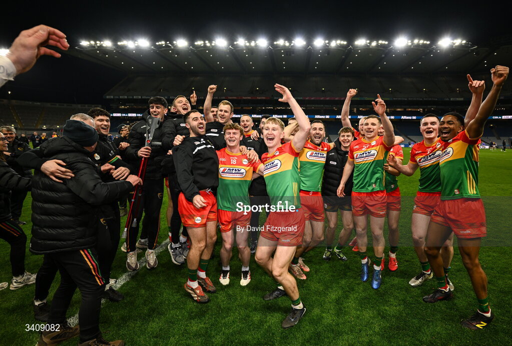 28 March 2026; Carlow players celebrate after the Allianz Football League Division 4 final match between Carlow and Longford at Croke Park in Dublin. Photo by David Fitzgerald/Sportsfile