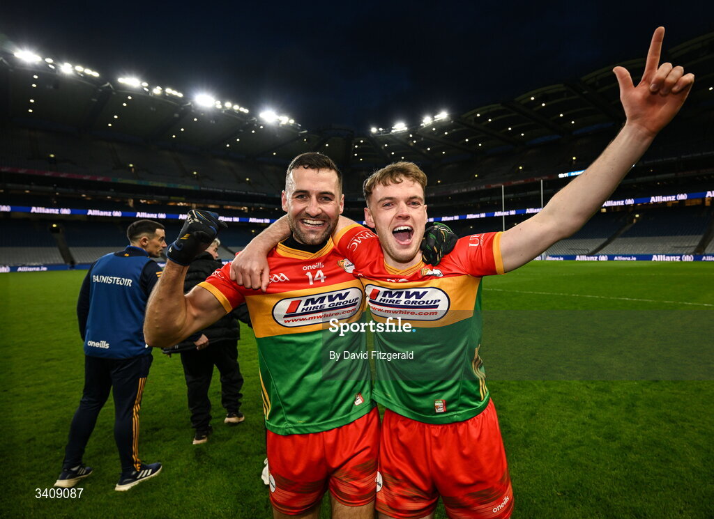 28 March 2026; Chris Blake, left, and Kevin Murphy of Carlow celebrate after the Allianz Football League Division 4 final match between Carlow and Longford at Croke Park in Dublin. Photo by David Fitzgerald/Sportsfile