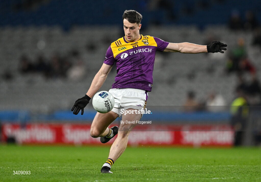 28 March 2026; Páiric Hughes of Wexford kicks a two point score during the Allianz Football League Division 3 final match between Down and Wexford at Croke Park in Dublin. Photo by David Fitzgerald/Sportsfile