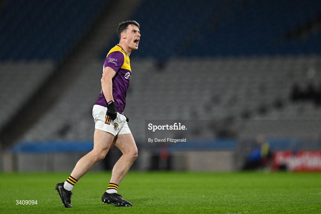 28 March 2026; Páiric Hughes of Wexford celebrates after kicking a two point score during the Allianz Football League Division 3 final match between Down and Wexford at Croke Park in Dublin. Photo by David Fitzgerald/Sportsfile