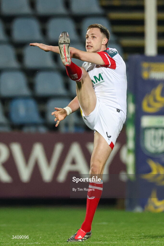 28 March 2026; James Humphreys of Ulster kicks the ball out of defence during the United Rugby Championship match between Zebre and Ulster at Stadio Lanfranchi in Parma, Italy. Photo by Tim Rogers/Sportsfile