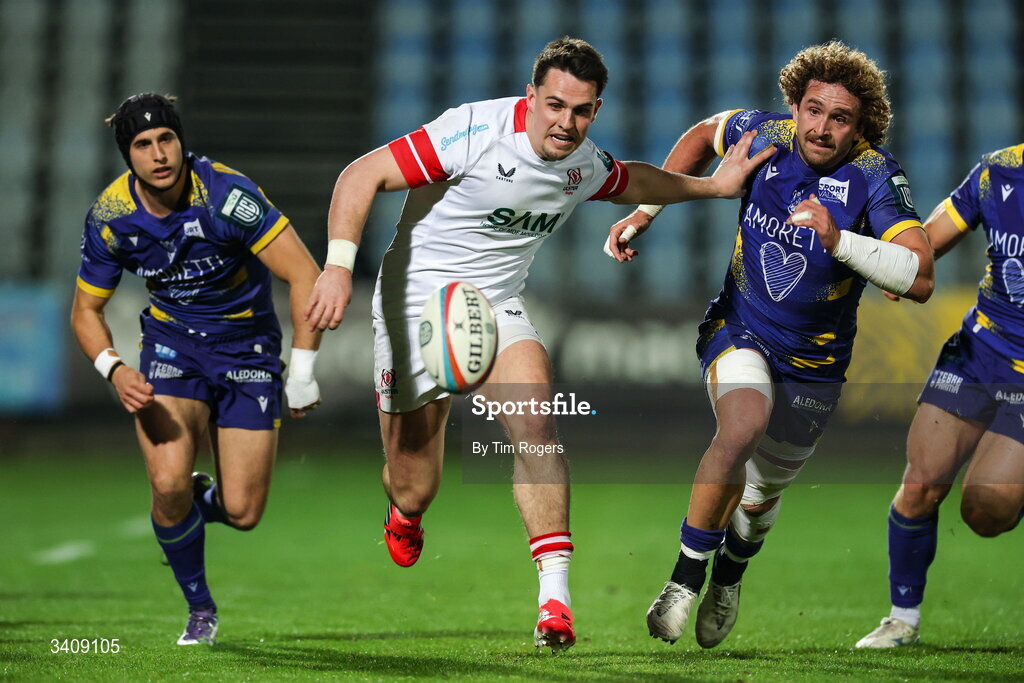 28 March 2026; James Hume of Ulster chases the ball under pressure from Zebre's Stavile Bautista during the United Rugby Championship match between Zebre and Ulster at Stadio Lanfranchi in Parma, Italy. Photo by Tim Rogers/Sportsfile