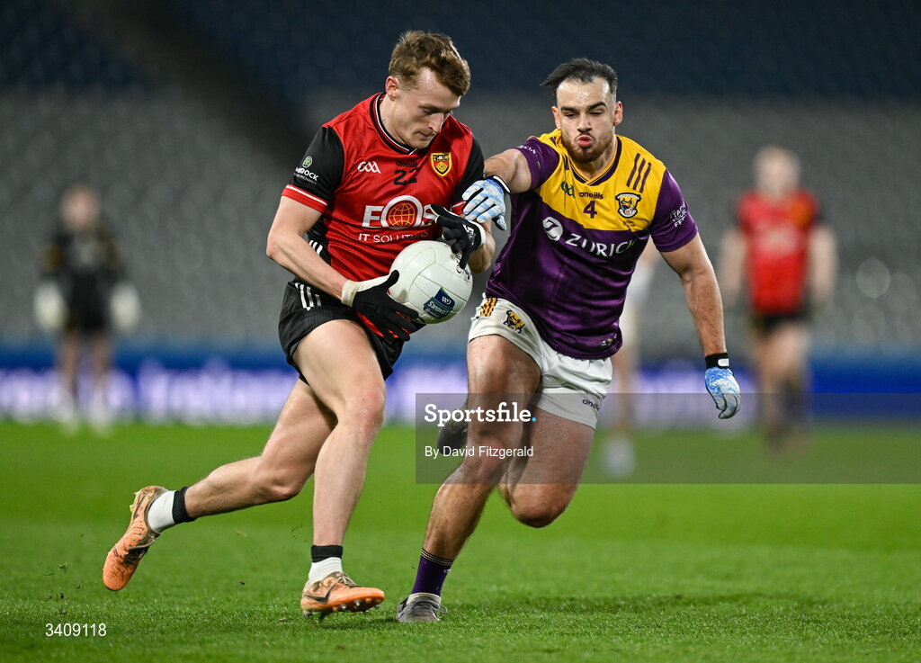 28 March 2026; Liam Kerr of Down in action against Dylan Furlong of Wexford during the Allianz Football League Division 3 final match between Down and Wexford at Croke Park in Dublin. Photo by David Fitzgerald/Sportsfile