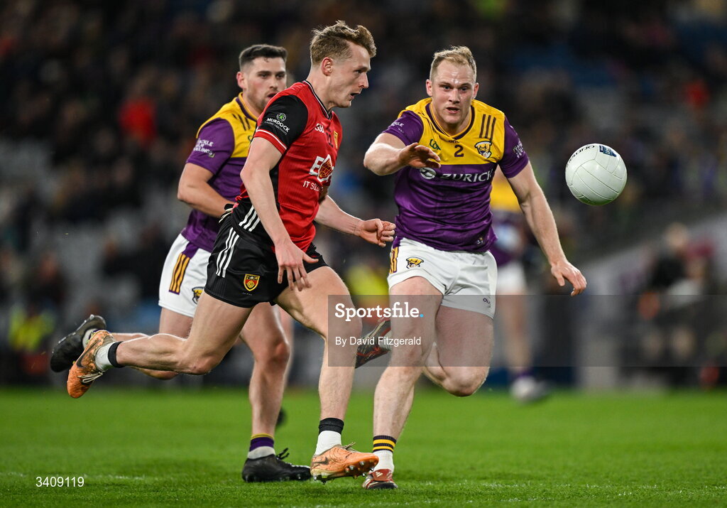 28 March 2026; Liam Kerr of Down in action against Shane Doyle of Wexford during the Allianz Football League Division 3 final match between Down and Wexford at Croke Park in Dublin. Photo by David Fitzgerald/Sportsfile