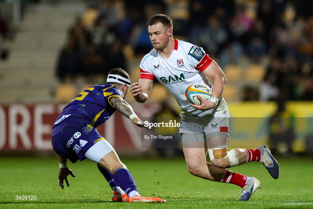 28 March 2026; Zac Ward of Ulster takes on Lorenzo Pani of Zebre during the United Rugby Championship match between Zebre and Ulster at Stadio Lanfranchi in Parma, Italy. Photo by Tim Rogers/Sportsfile