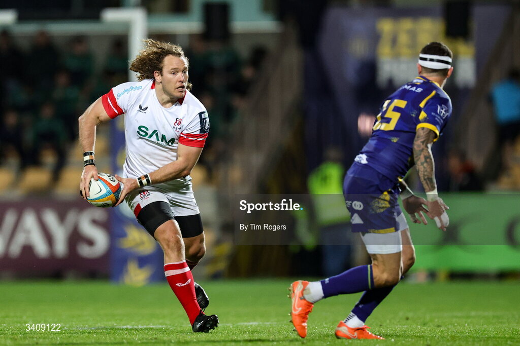 28 March 2026; Werner Kok of Ulster looks to pass the ball during the United Rugby Championship match between Zebre and Ulster at Stadio Lanfranchi in Parma, Italy. Photo by Tim Rogers/Sportsfile