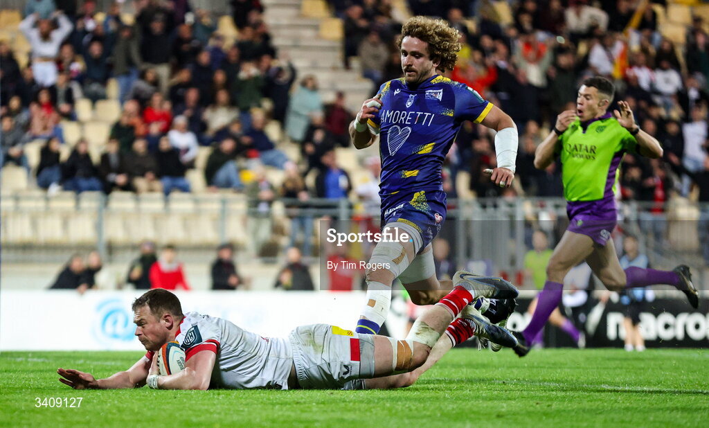 28 March 2026; Zac Ward of Ulster scores a second half try during the United Rugby Championship match between Zebre and Ulster at Stadio Lanfranchi in Parma, Italy. Photo by Tim Rogers/Sportsfile