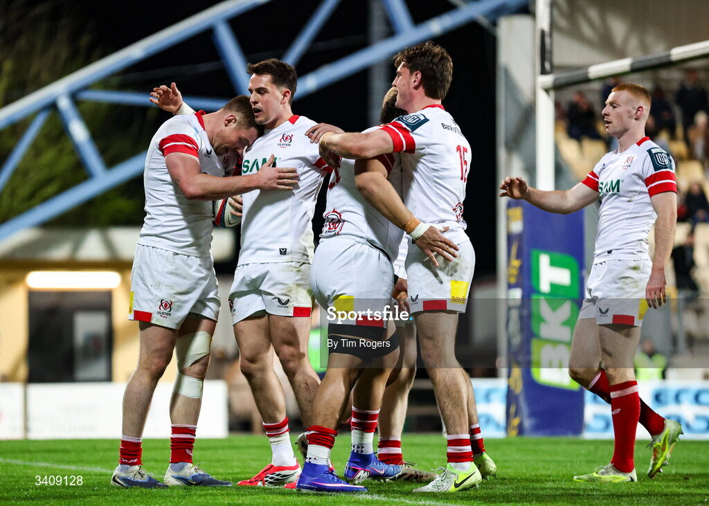 28 March 2026; Zac Ward of Ulster celebrates scoring a try with teammates during the United Rugby Championship match between Zebre and Ulster at Stadio Lanfranchi in Parma, Italy. Photo by Tim Rogers/Sportsfile