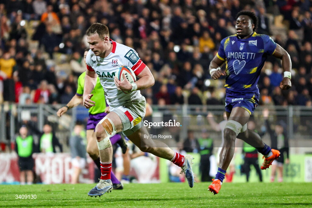 28 March 2026; Zac Ward of Ulster on his way to scoring a second half try during the United Rugby Championship match between Zebre and Ulster at Stadio Lanfranchi in Parma, Italy. Photo by Tim Rogers/Sportsfile