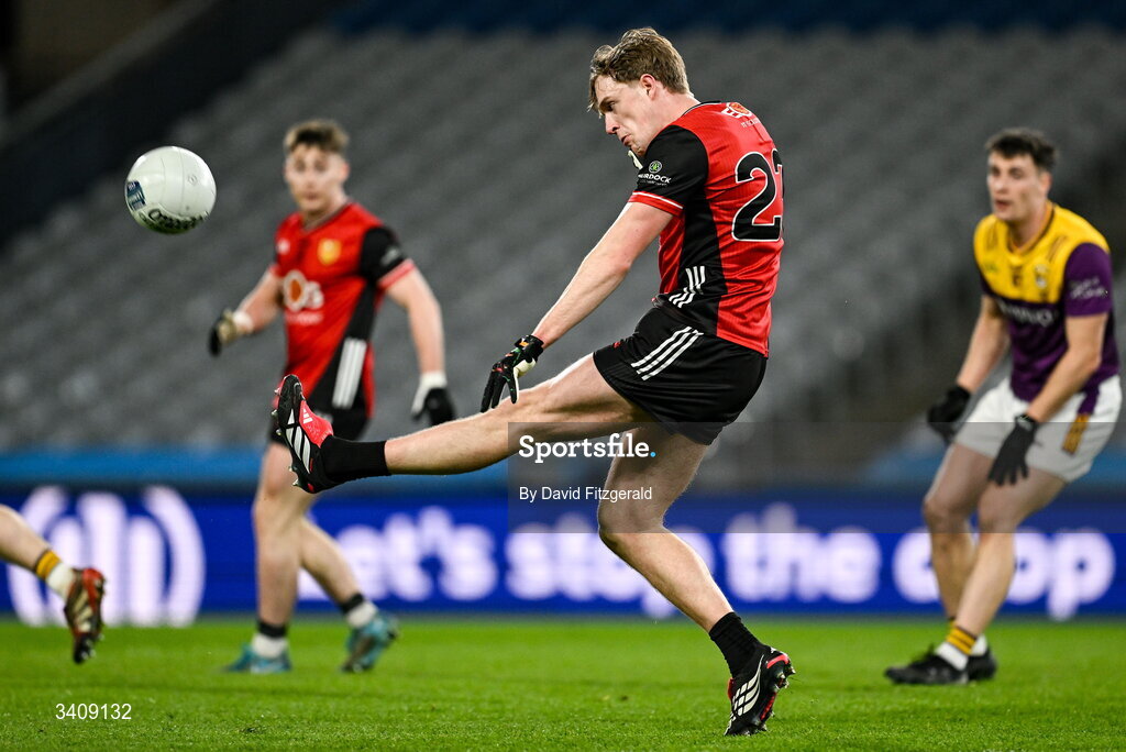 28 March 2026; Tom Close of Down attempts to kick a point in the final seconds during the Allianz Football League Division 3 final match between Down and Wexford at Croke Park in Dublin. Photo by David Fitzgerald/Sportsfile
