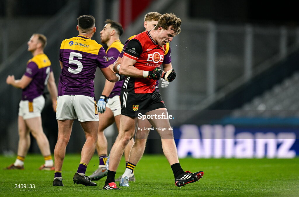 28 March 2026; Tom Close of Down after missing an attempt to win the game during the Allianz Football League Division 3 final match between Down and Wexford at Croke Park in Dublin. Photo by David Fitzgerald/Sportsfile