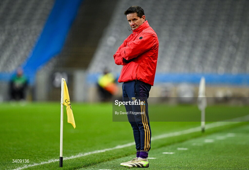 28 March 2026; Wexford manager John Hegarty during the Allianz Football League Division 3 final match between Down and Wexford at Croke Park in Dublin. Photo by David Fitzgerald/Sportsfile