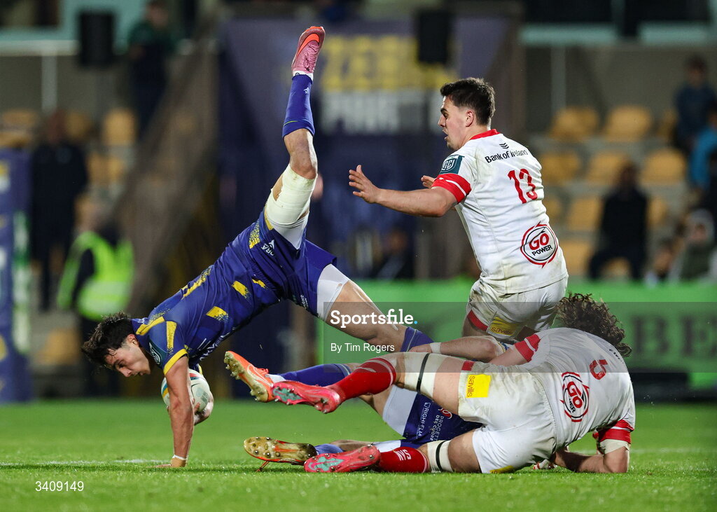 28 March 2026; Mirko Belloni opf Zebre gets upended by James Hume and David McCann of Ulster during the United Rugby Championship match between Zebre and Ulster at Stadio Lanfranchi in Parma, Italy. Photo by Tim Rogers/Sportsfile