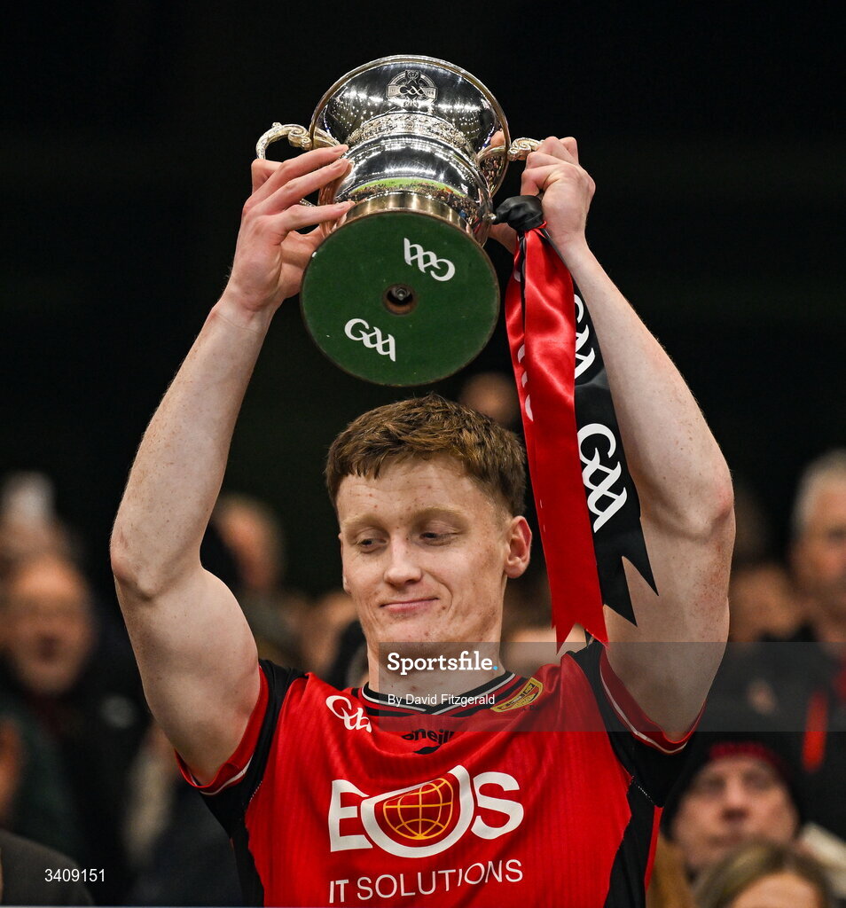 28 March 2026; Down captain Odhran Murdock lifts the cup after the Allianz Football League Division 3 final match between Down and Wexford at Croke Park in Dublin. Photo by David Fitzgerald/Sportsfile