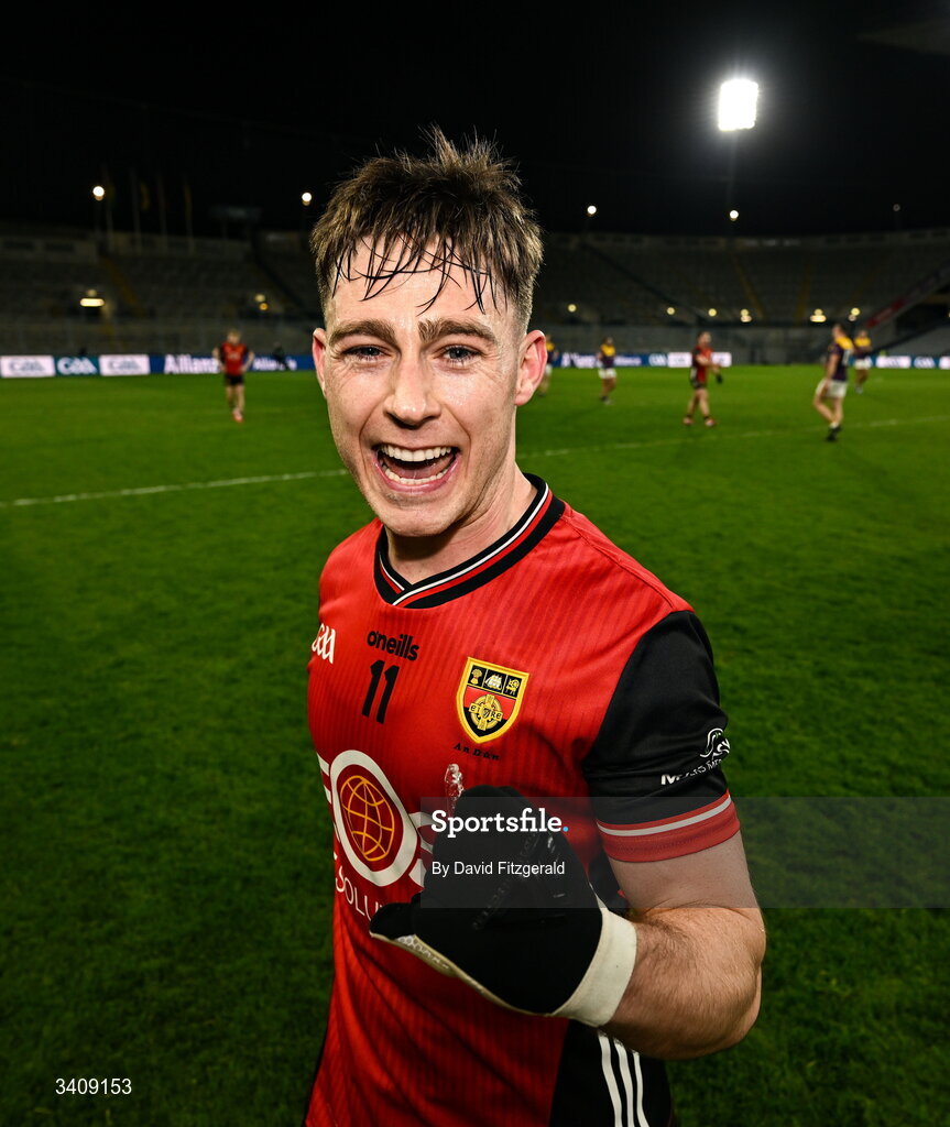 28 March 2026; Ceilum Doherty of Down celebrates after the Allianz Football League Division 3 final match between Down and Wexford at Croke Park in Dublin. Photo by David Fitzgerald/Sportsfile
