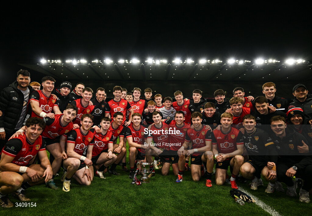 28 March 2026; Down players celebrate with the cup after the Allianz Football League Division 3 final match between Down and Wexford at Croke Park in Dublin. Photo by David Fitzgerald/Sportsfile