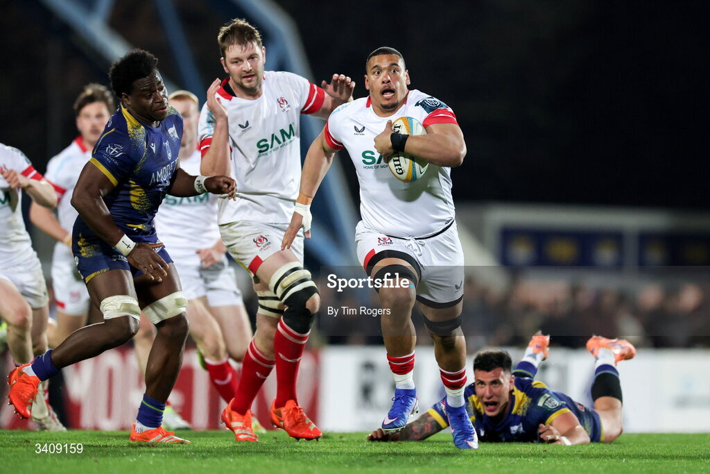 28 March 2026; Juarno Augustus of Ulster makes a run during the United Rugby Championship match between Zebre and Ulster at Stadio Lanfranchi in Parma, Italy. Photo by Tim Rogers/Sportsfile