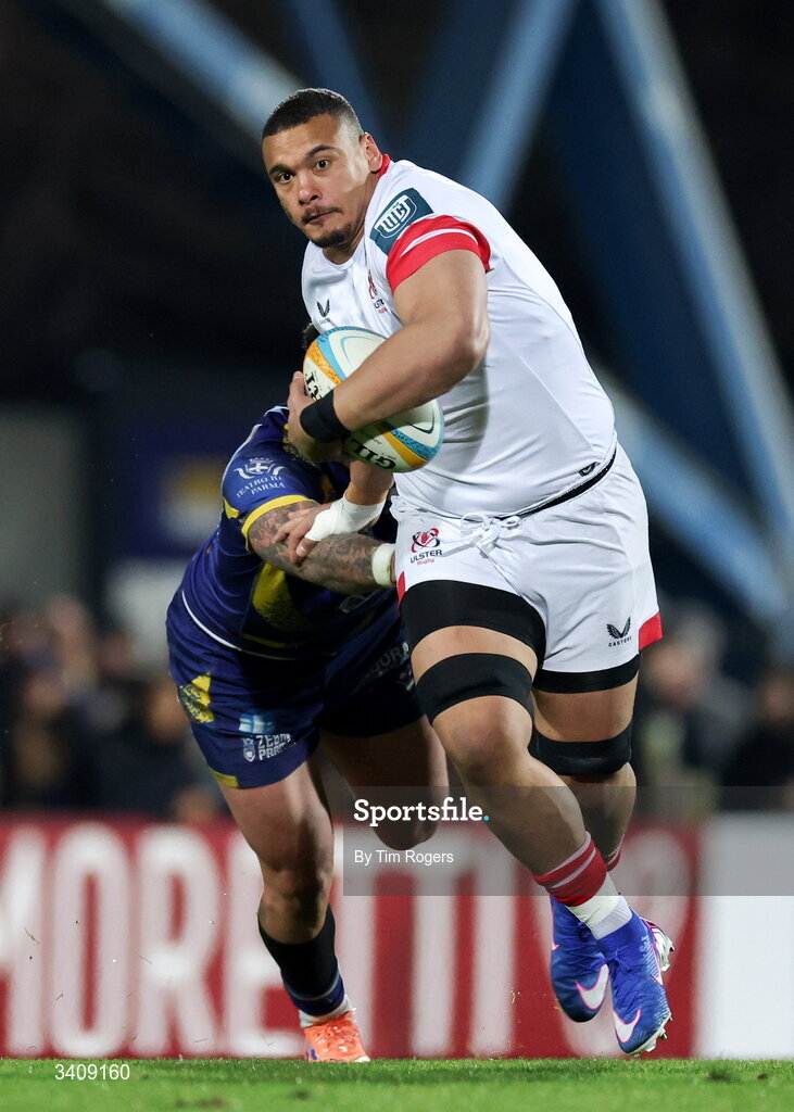 28 March 2026; Juarno Augustus of Ulster makes a run during the United Rugby Championship match between Zebre and Ulster at Stadio Lanfranchi in Parma, Italy. Photo by Tim Rogers/Sportsfile