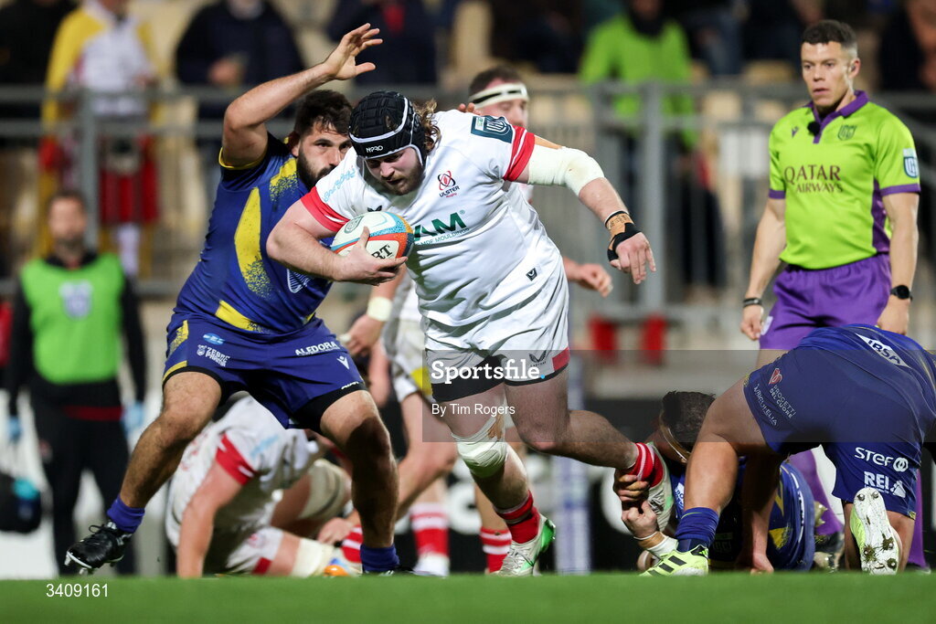 28 March 2026; Scott Wilson of Ulster in action during the United Rugby Championship match between Zebre and Ulster at Stadio Lanfranchi in Parma, Italy. Photo by Tim Rogers/Sportsfile