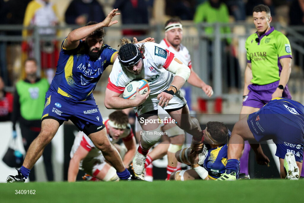 28 March 2026; Scott Wilson of Ulster is tackled during the United Rugby Championship match between Zebre and Ulster at Stadio Lanfranchi in Parma, Italy. Photo by Tim Rogers/Sportsfile