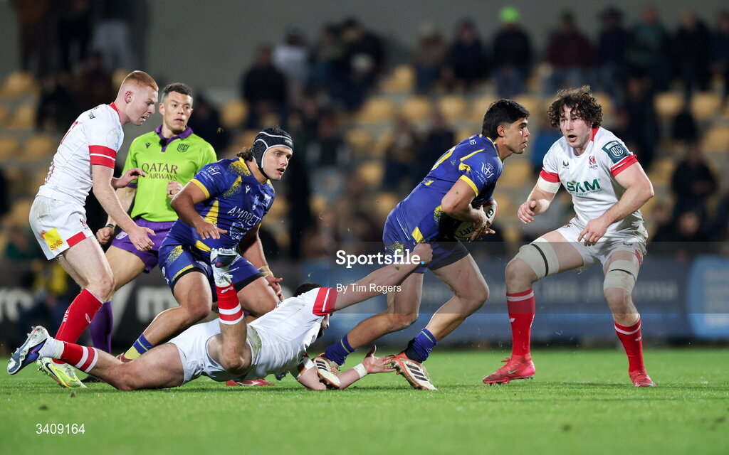 28 March 2026; Martin Roger Farias of Zebre is tackled by Ben Moxham of Ulster during the United Rugby Championship match between Zebre and Ulster at Stadio Lanfranchi in Parma, Italy. Photo by Tim Rogers/Sportsfile