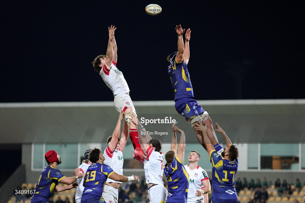 28 March 2026; David McCann of Ulster competes in a lineout during the United Rugby Championship match between Zebre and Ulster at Stadio Lanfranchi in Parma, Italy. Photo by Tim Rogers/Sportsfile
