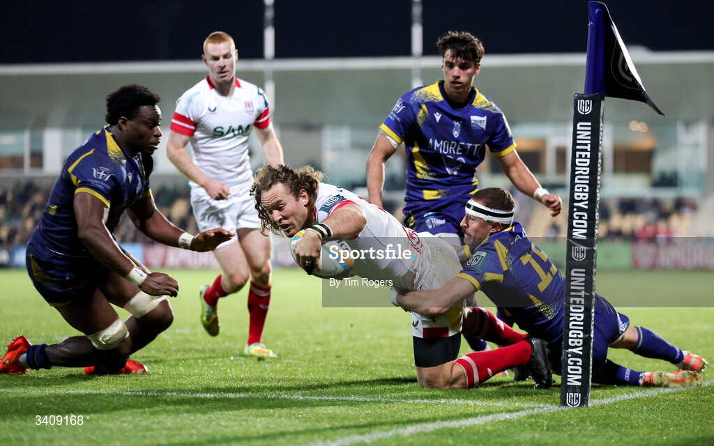 28 March 2026; Werner Kok of Ulster scores a second half try during the United Rugby Championship match between Zebre and Ulster at Stadio Lanfranchi in Parma, Italy. Photo by Tim Rogers/Sportsfile