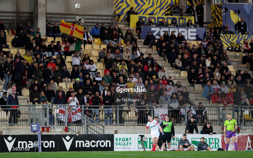 28 March 2026; James Humphreys of Ulster kicks a conversion during the United Rugby Championship match between Zebre and Ulster at Stadio Lanfranchi in Parma, Italy. Photo by Tim Rogers/Sportsfile