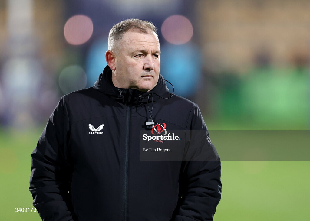 28 March 2026; Ulster's Head Coach Richie Murphy looks on during the warm up ahead of the United Rugby Championship match between Zebre and Ulster at Stadio Lanfranchi in Parma, Italy. Photo by Tim Rogers/Sportsfile
