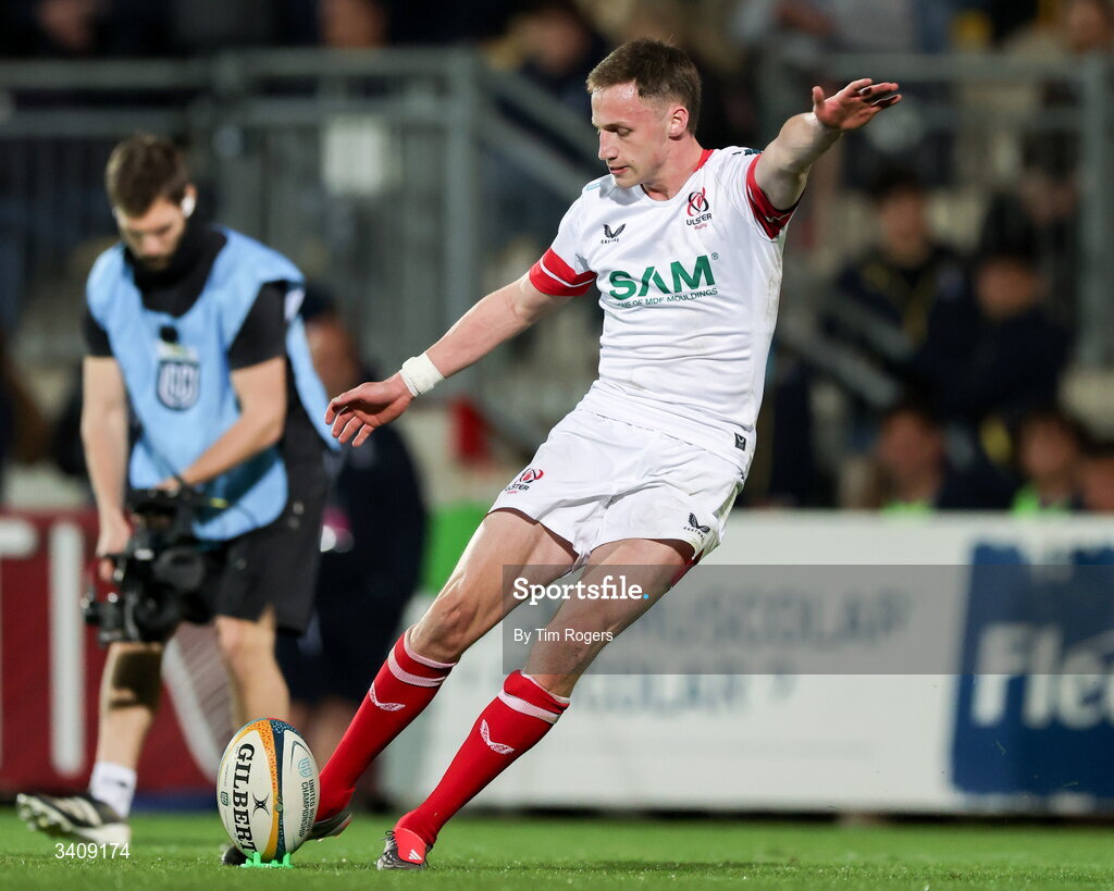 28 March 2026; James Humphreys of Ulster kicks a conversion during the United Rugby Championship match between Zebre and Ulster at Stadio Lanfranchi in Parma, Italy. Photo by Tim Rogers/Sportsfile