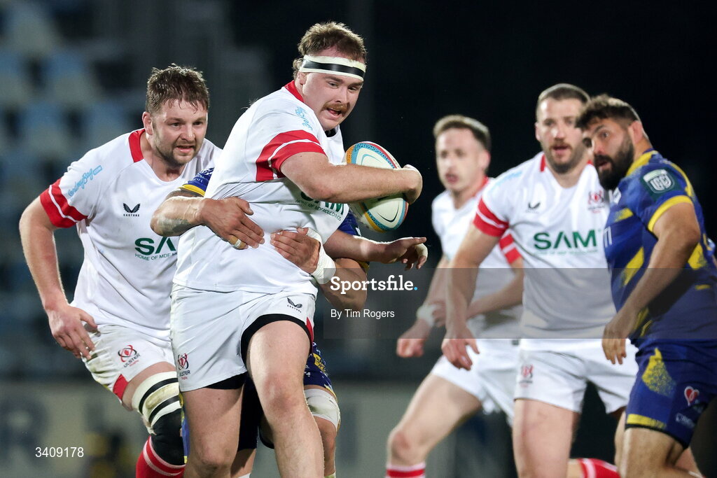 28 March 2026; Tom McAllister of Ulster in action during the United Rugby Championship match between Zebre and Ulster at Stadio Lanfranchi in Parma, Italy. Photo by Tim Rogers/Sportsfile