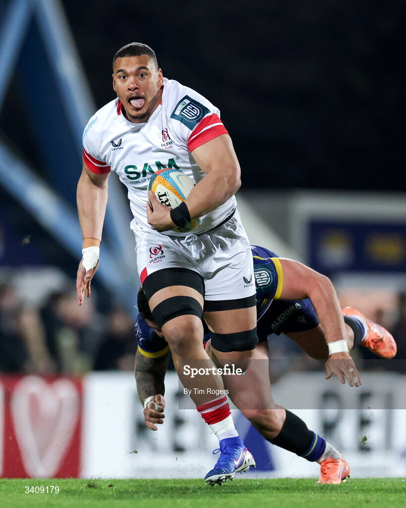 28 March 2026; Juarno Augustus of Ulster in action during the United Rugby Championship match between Zebre and Ulster at Stadio Lanfranchi in Parma, Italy. Photo by Tim Rogers/Sportsfile
