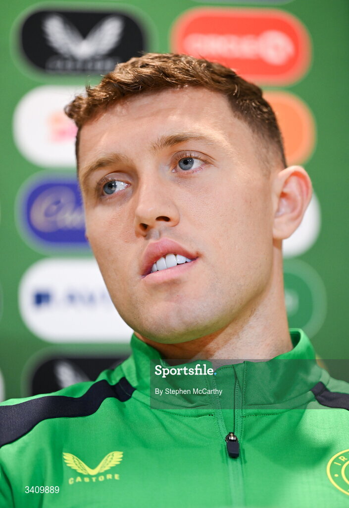 30 March 2026; Dara O'Shea during a Republic of Ireland men's media conference at the FAI Headquarters in Abbotstown, Dublin. Photo by Stephen McCarthy/Sportsfile